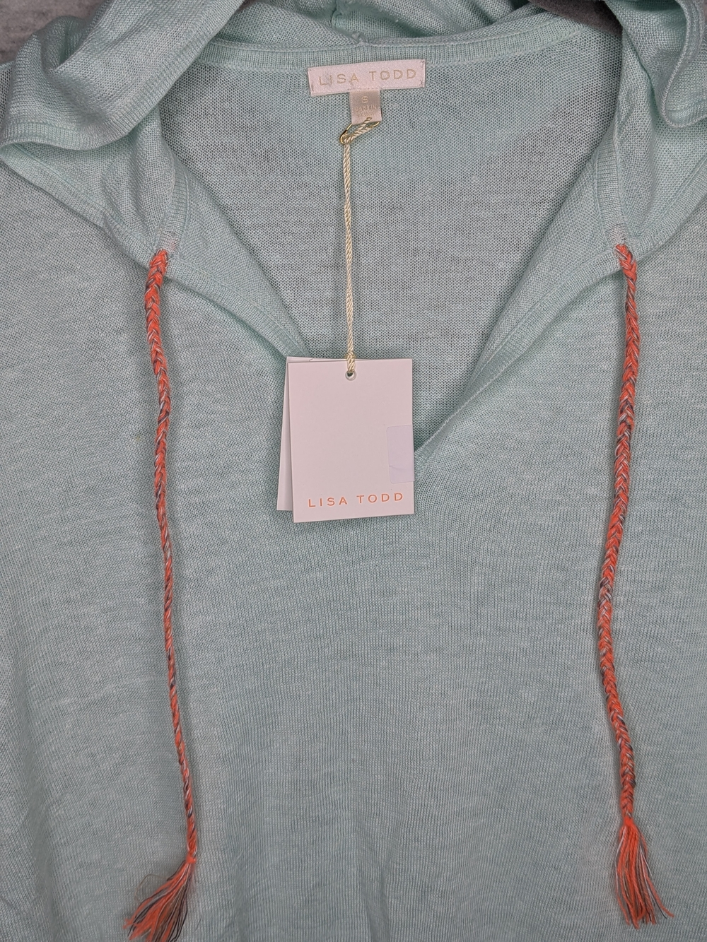 Lisa Todd Tulum Sweater Sz S Dew Fray-Edge Linen Hoodie Lightweight Mint Blouse - Picture 3 of 14